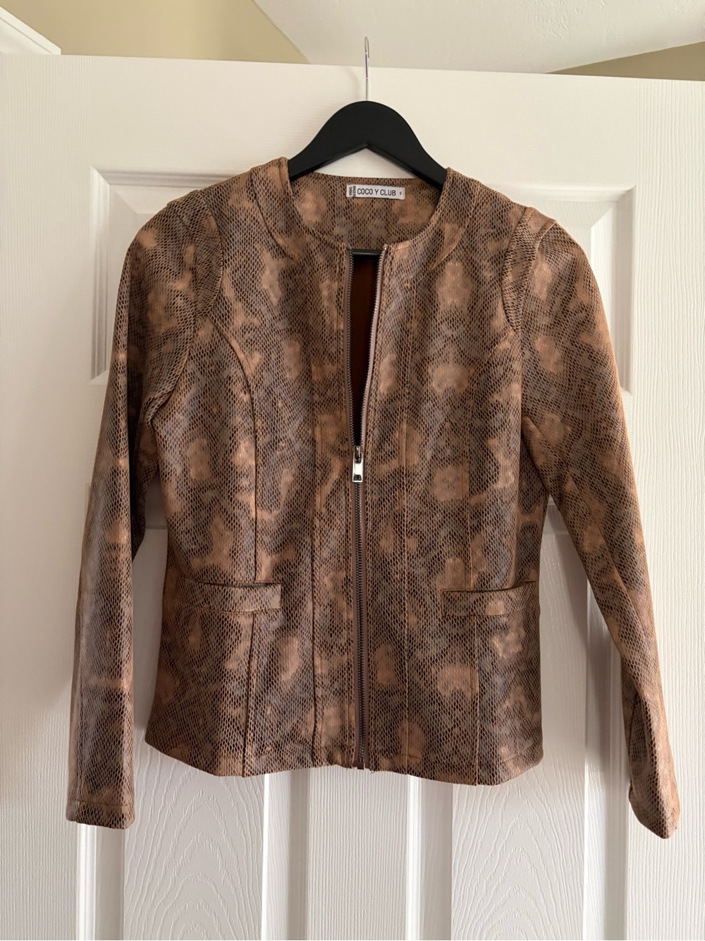Brown Snake-Print Zip Front Jacket